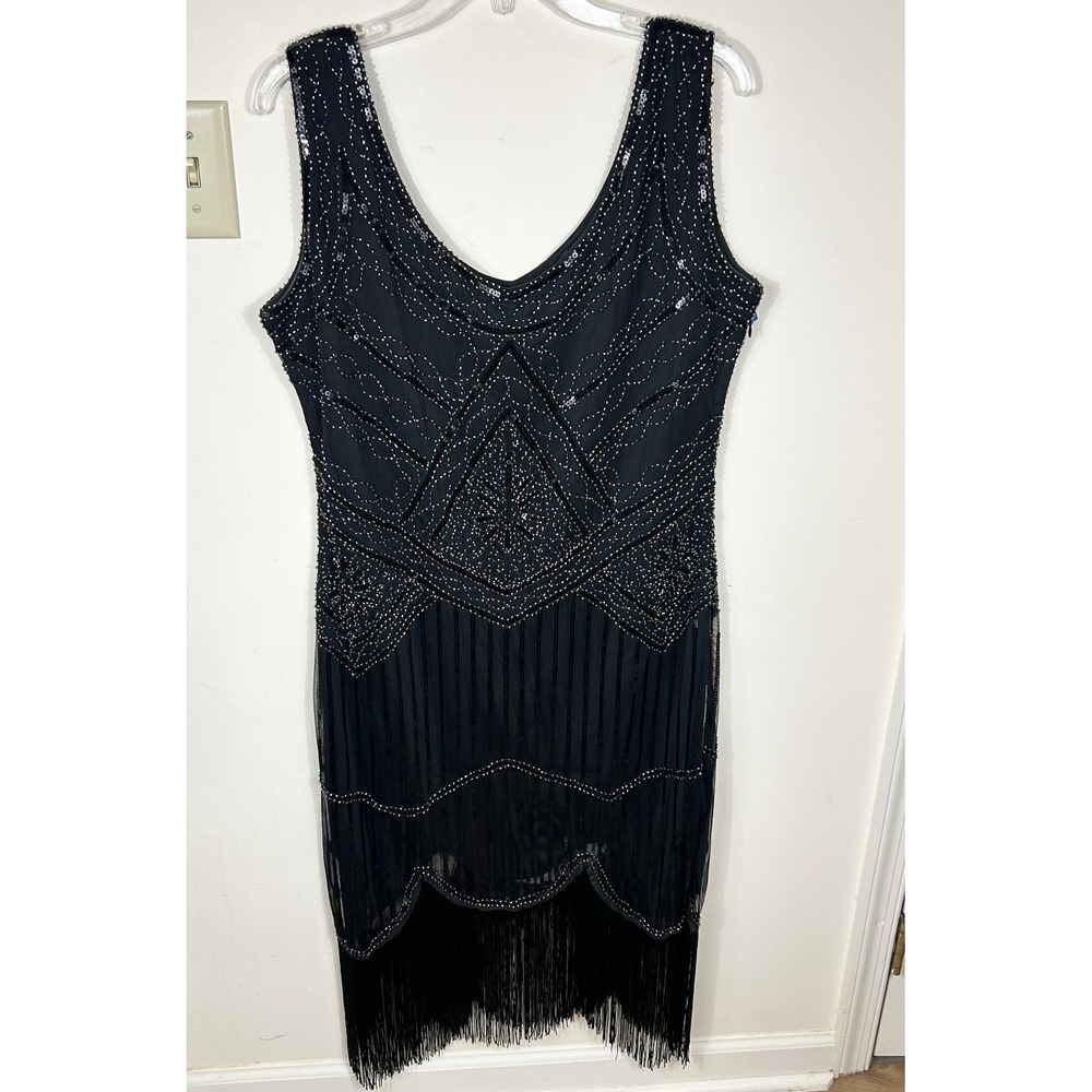 RO ROX Flapper Dress Sz 2XL Black Beaded Sequin Fringe Gatsby‎ VTG 20s Style
